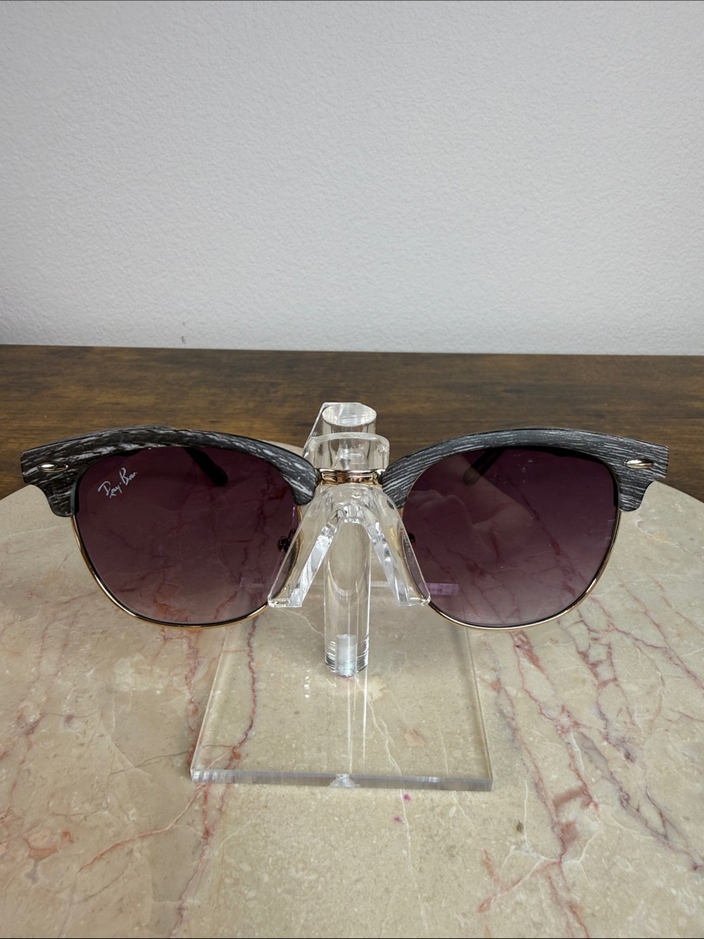 Ray-Ban Women's Black Wood-Texture Frame Sunglasses with Gradient Purple Lenses